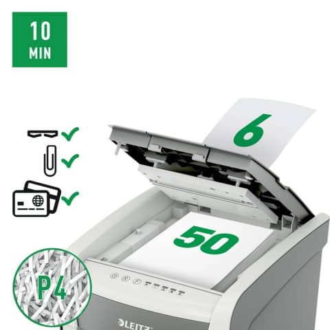 Distruggidocumenti automatico Leitz IQ P4 AutoFeed 50 ff Small Office - 20 L - bianco - 80350000